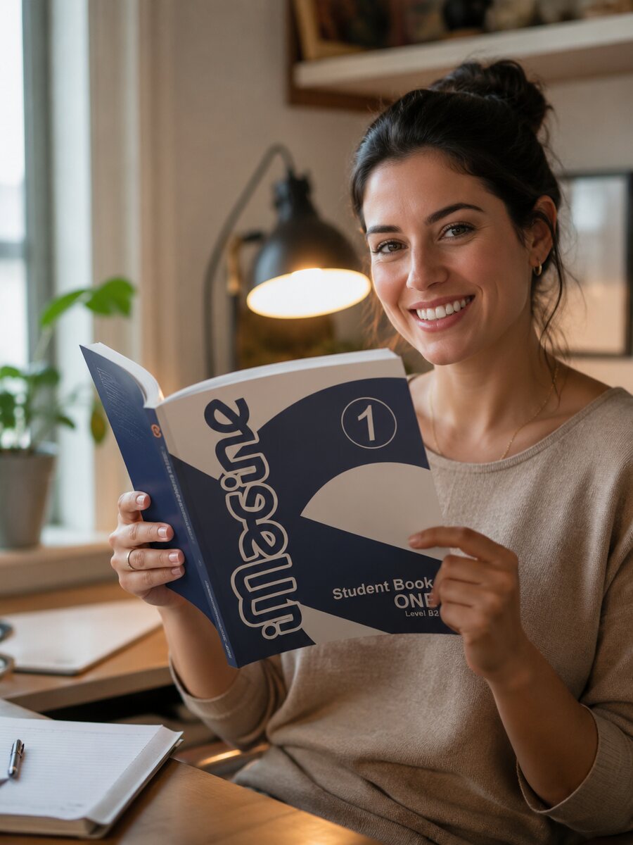 Aluna sorrindo segurando o livro iMagine 1 em uma mesa de estudos